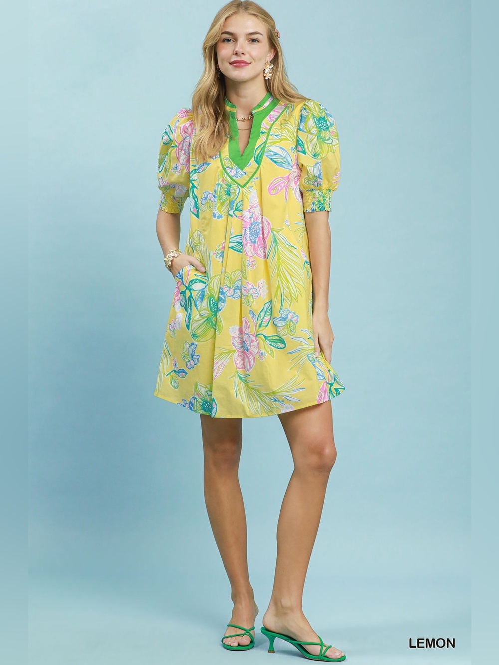Umgee Botanical Print Dress with Smocked Cuffs🛍️